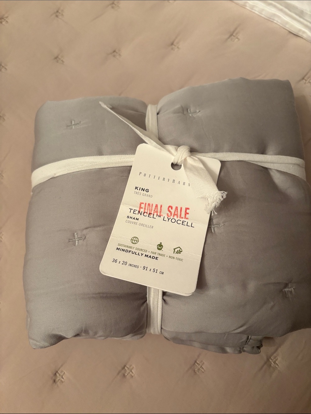Pottery Barn Tencel Lyocell King Pillow Sham - Soft Light Gray NWT 36”x 20”